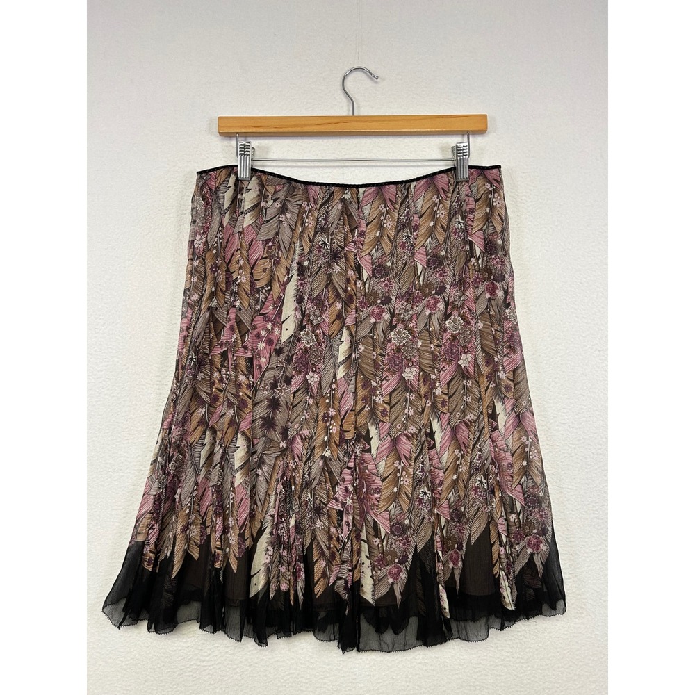 Boho Elie Tahari Womens 8 Brown Pink Silk Floral Feather Crinkle A-Line Skirt